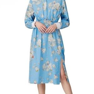 No. 21 Floral Blue Fantasia Base Midi Long Sleeve Side Slit Shirt Cotton Dress